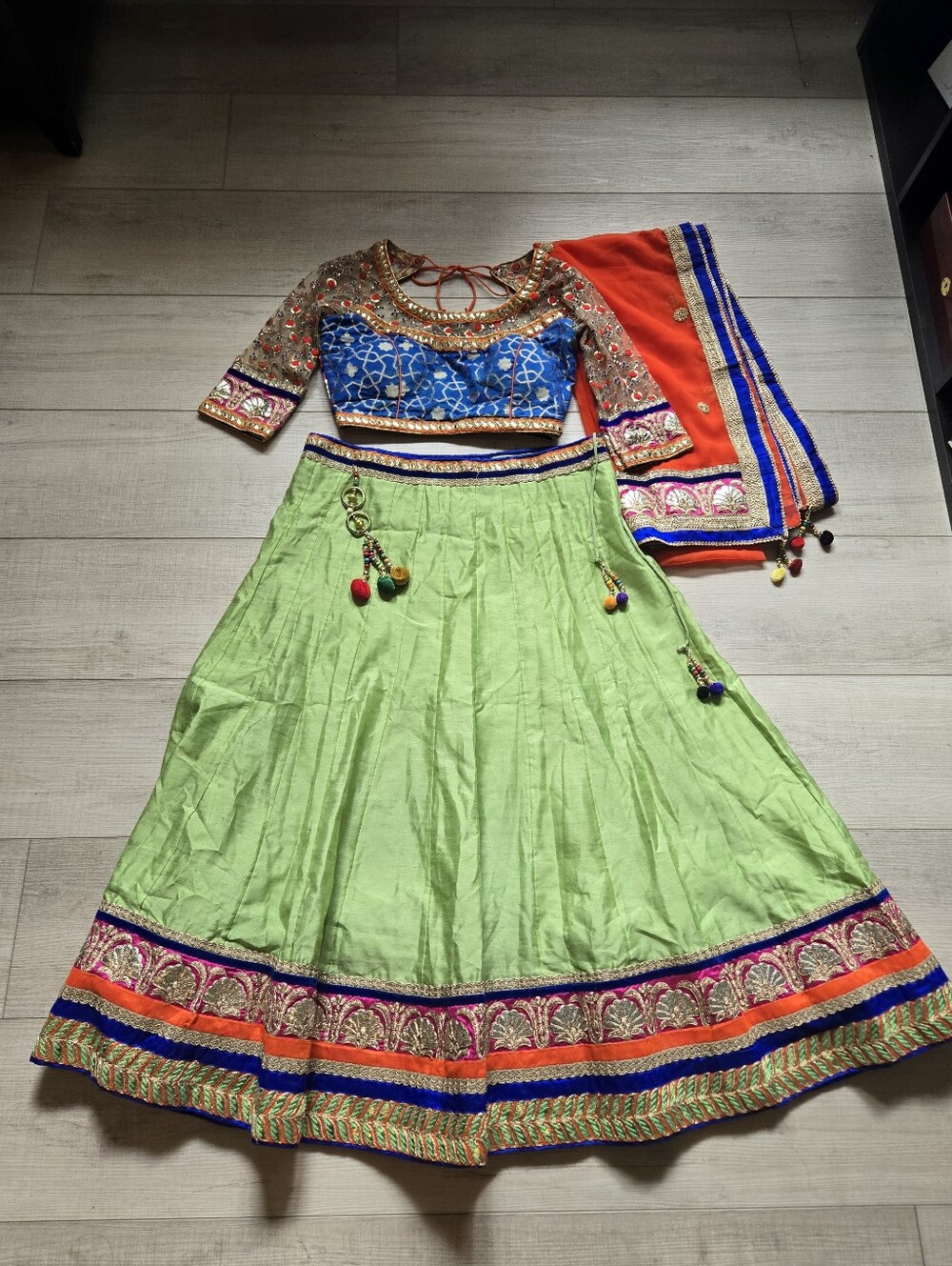 Indian Pakistani Garba Lime Green, Orange and Blue Lehenga Size S